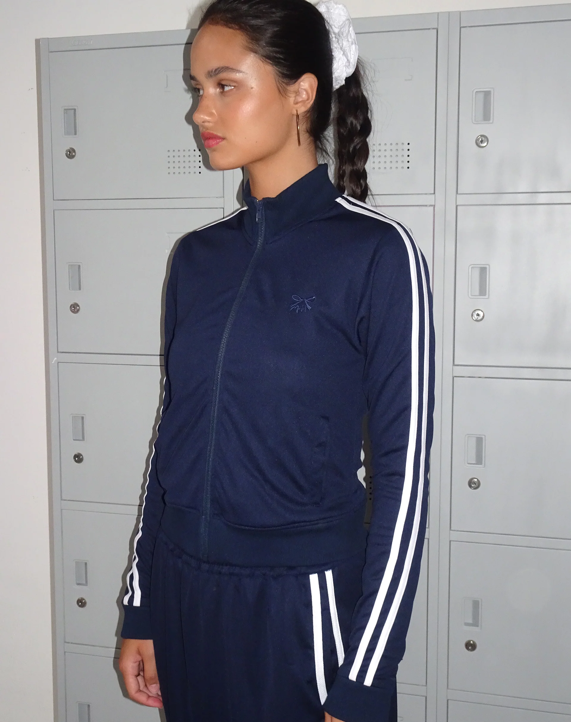 Orion Zip Up Jumper in Navy with White Stripes and M Embroidery - Image 5