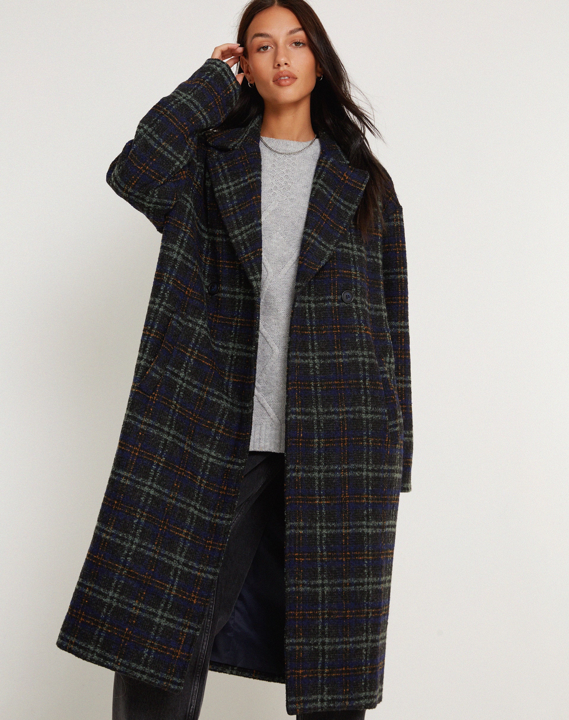 Orlova Coat in Check Navy Black and Brown - Image 2