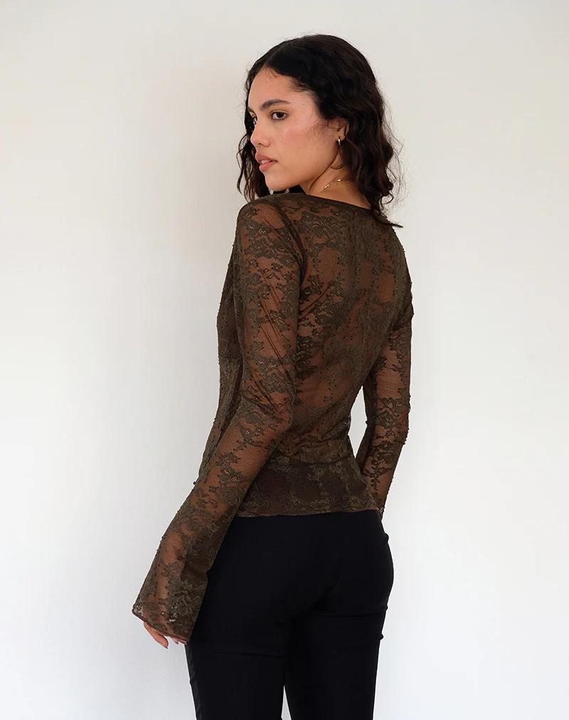 Orphee Long Sleeve Lace Top in Brown - Image 3