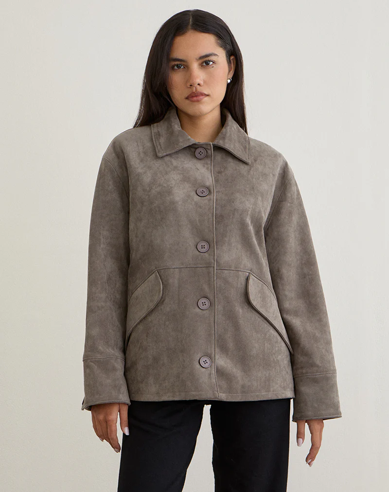 Orson Jacket in Faux Suede Olive Grey - Image 2