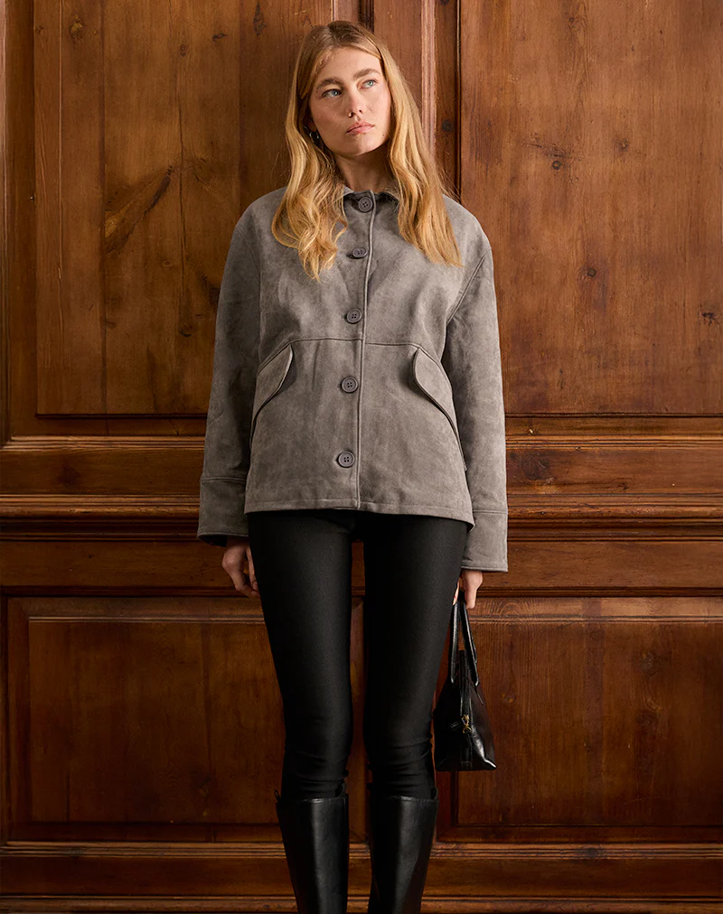 Orson Jacket in Faux Suede Olive Grey - Image 3