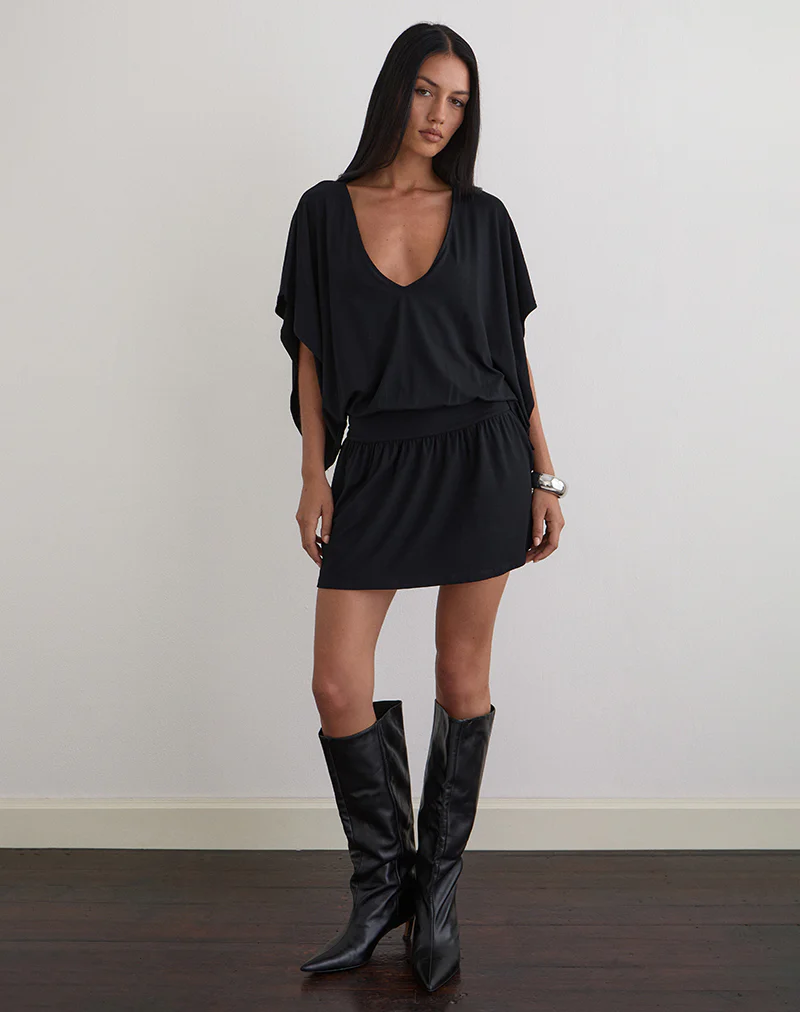 Osiri Batwing Plunge Mini Dress in Jersey Black - Image 4