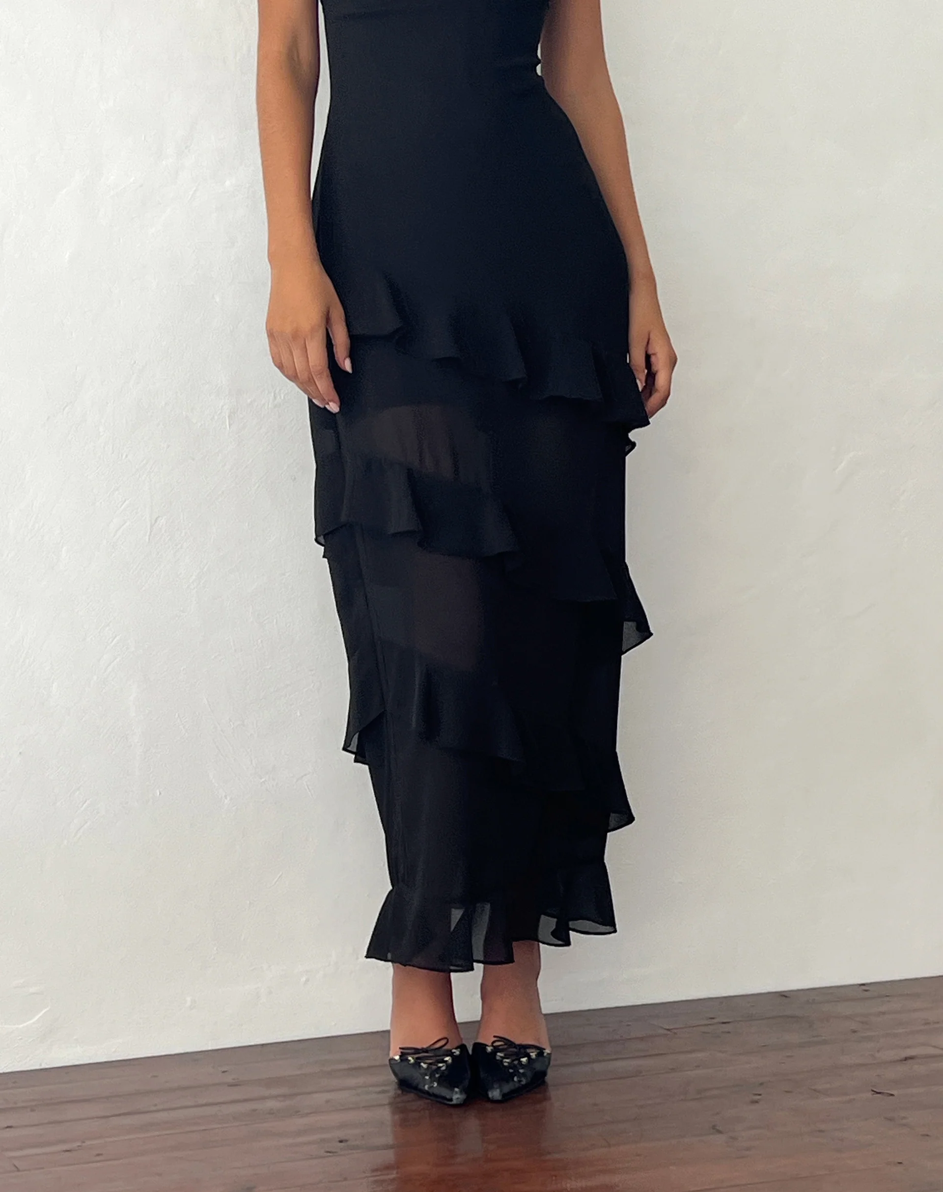 Otna Ruffle Detail Chiffon Maxi Dress in Black - Image 3