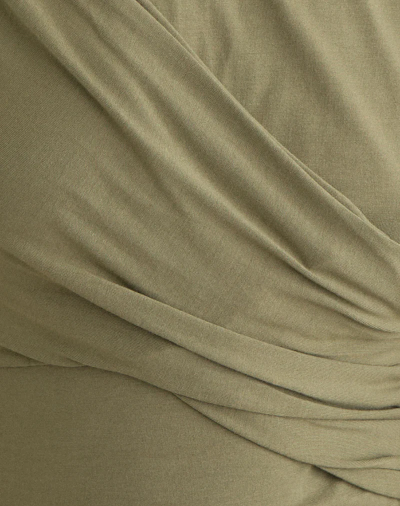 Otso Twist Wrap Top in Rayon Jersey Khaki - Image 7