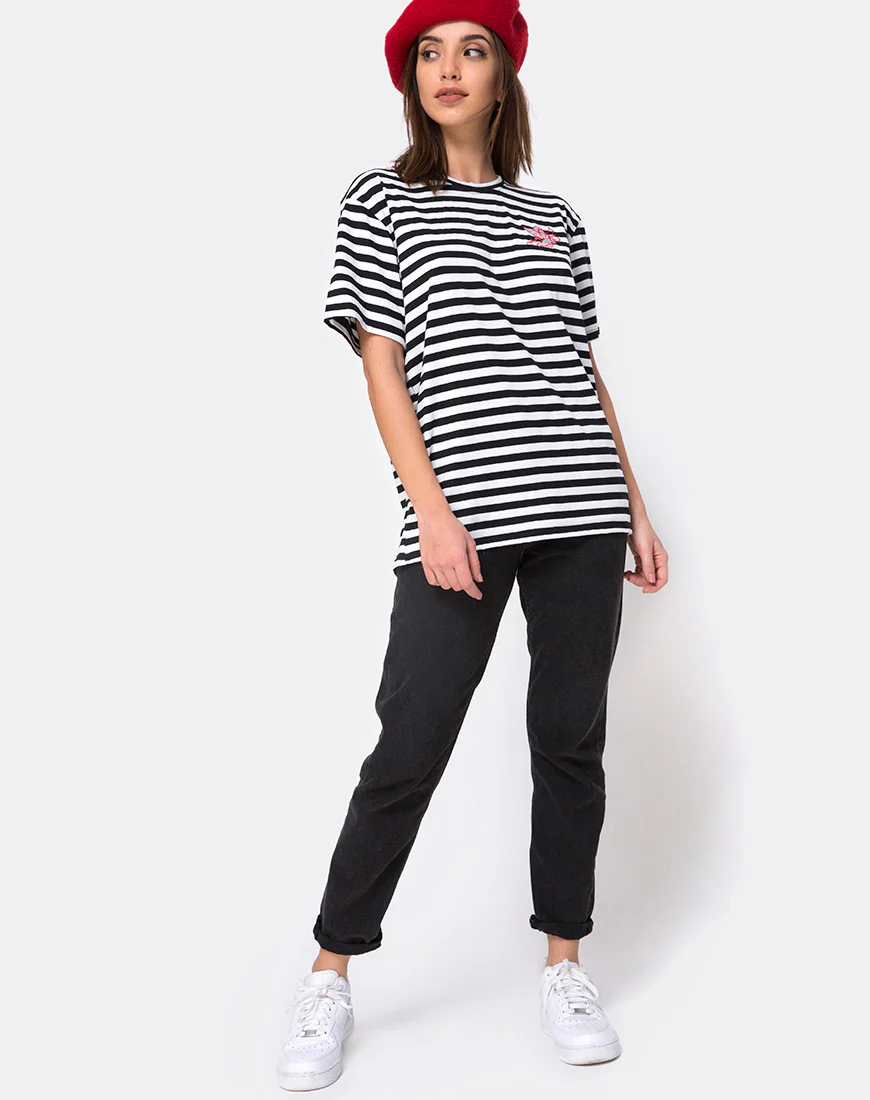 Oversize Basic Tee in Black and White Stripe with Cherub Embro - Image 3