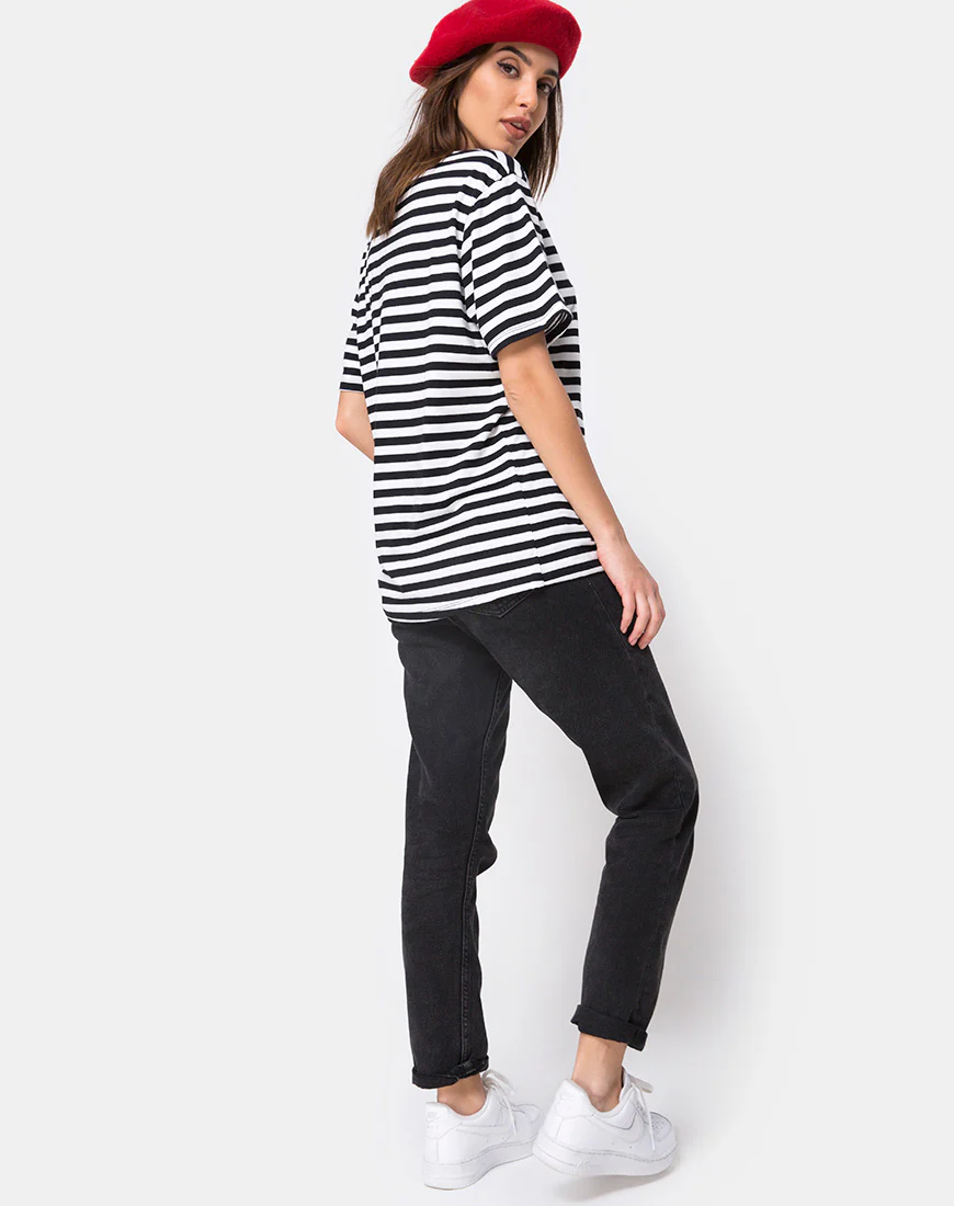 Oversize Basic Tee in Black and White Stripe with Cherub Embro - Image 4