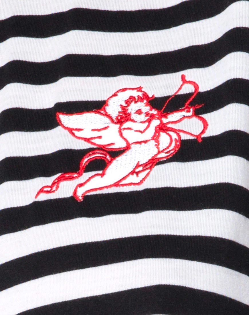 Oversize Basic Tee in Black and White Stripe with Cherub Embro - Image 5