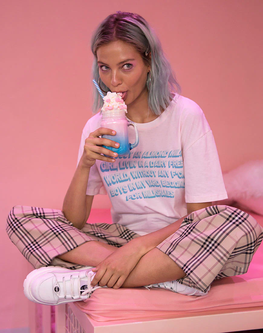 Oversize Basic Tee in Soft Pink with Almond Milk Girl Text  X Top Girl - Image 4