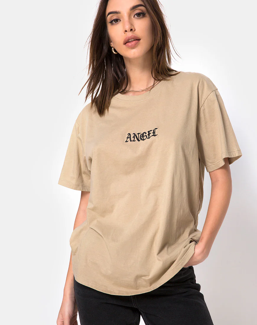 Oversize Basic Tee in Tan with Angel Embroidery - Image 2