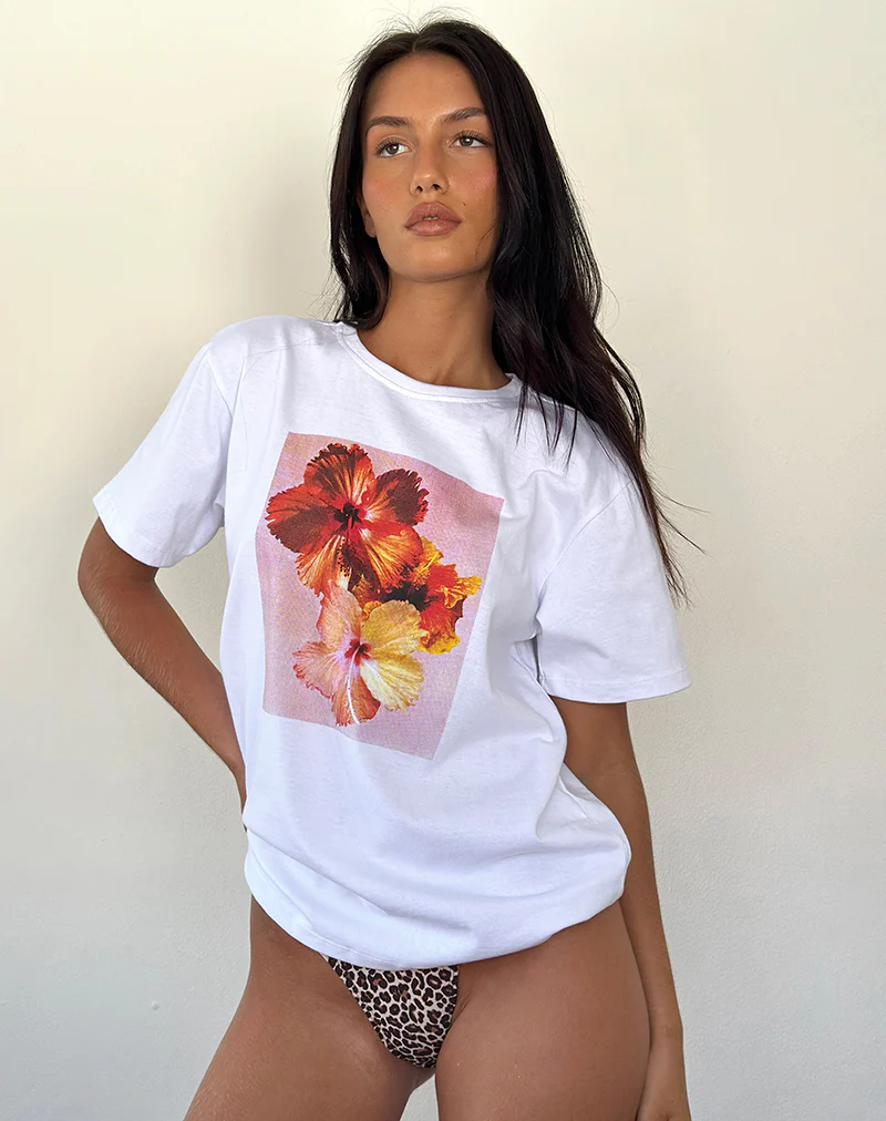Oversized Basic Tee in White Hibiscus - Image 3