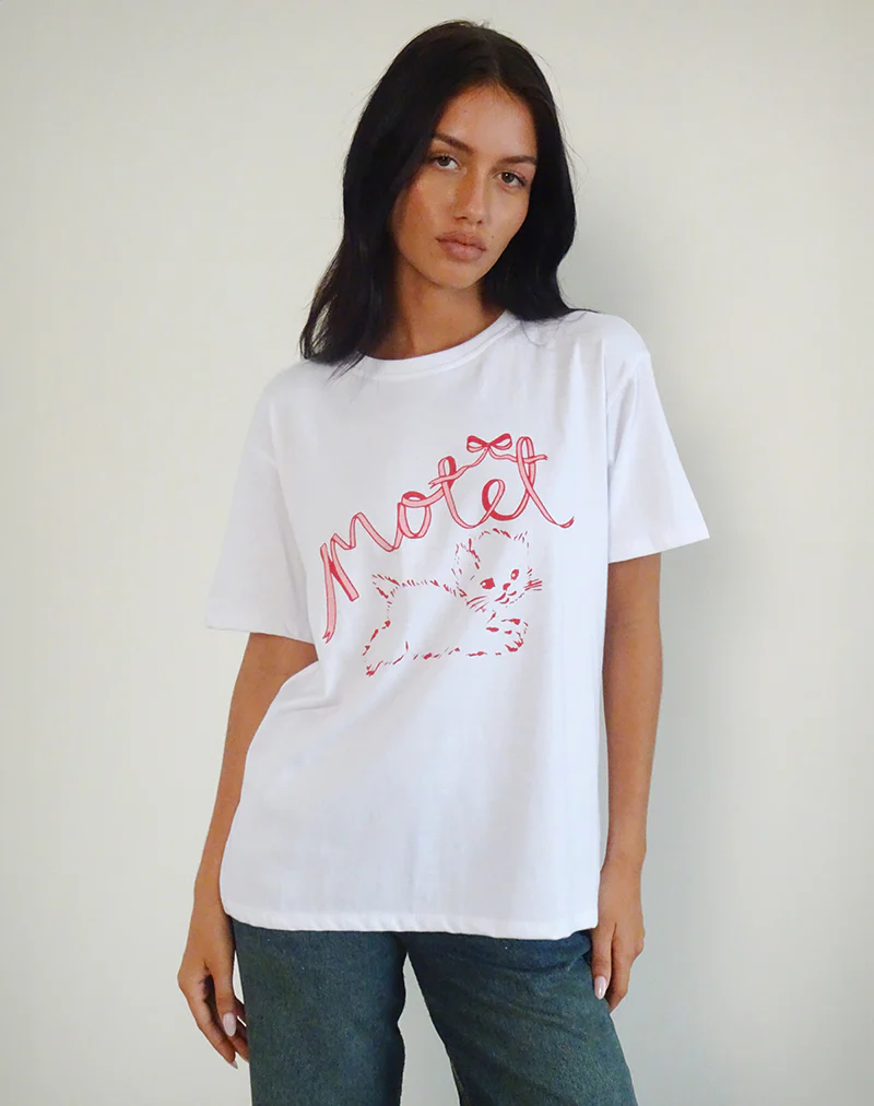 Oversized Basic Tee in White with Kitty - Image 4
