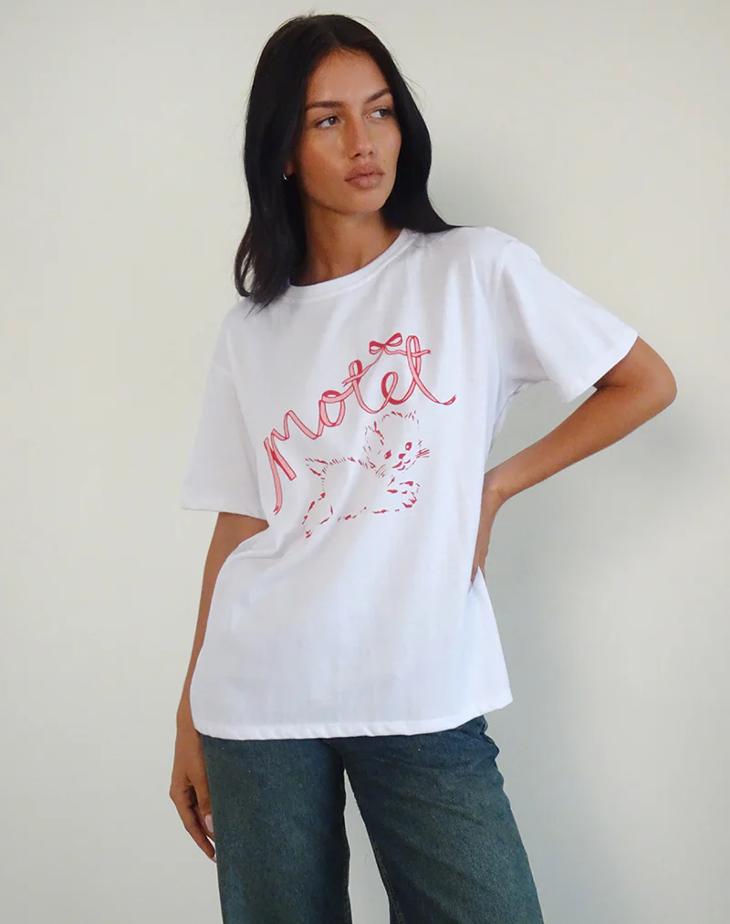 Oversized Basic Tee in White with Kitty - Image 5