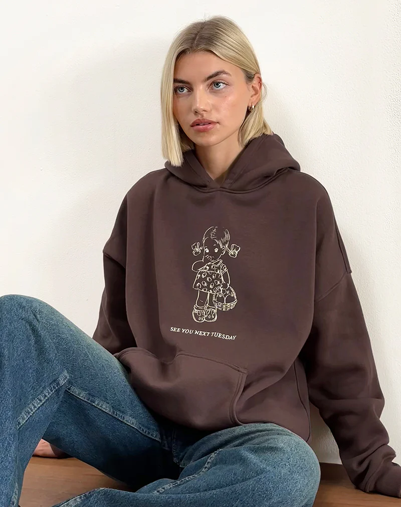 Oversize Hoodie in Deep Mahogany with See You Next Tuesday Print - Image 2