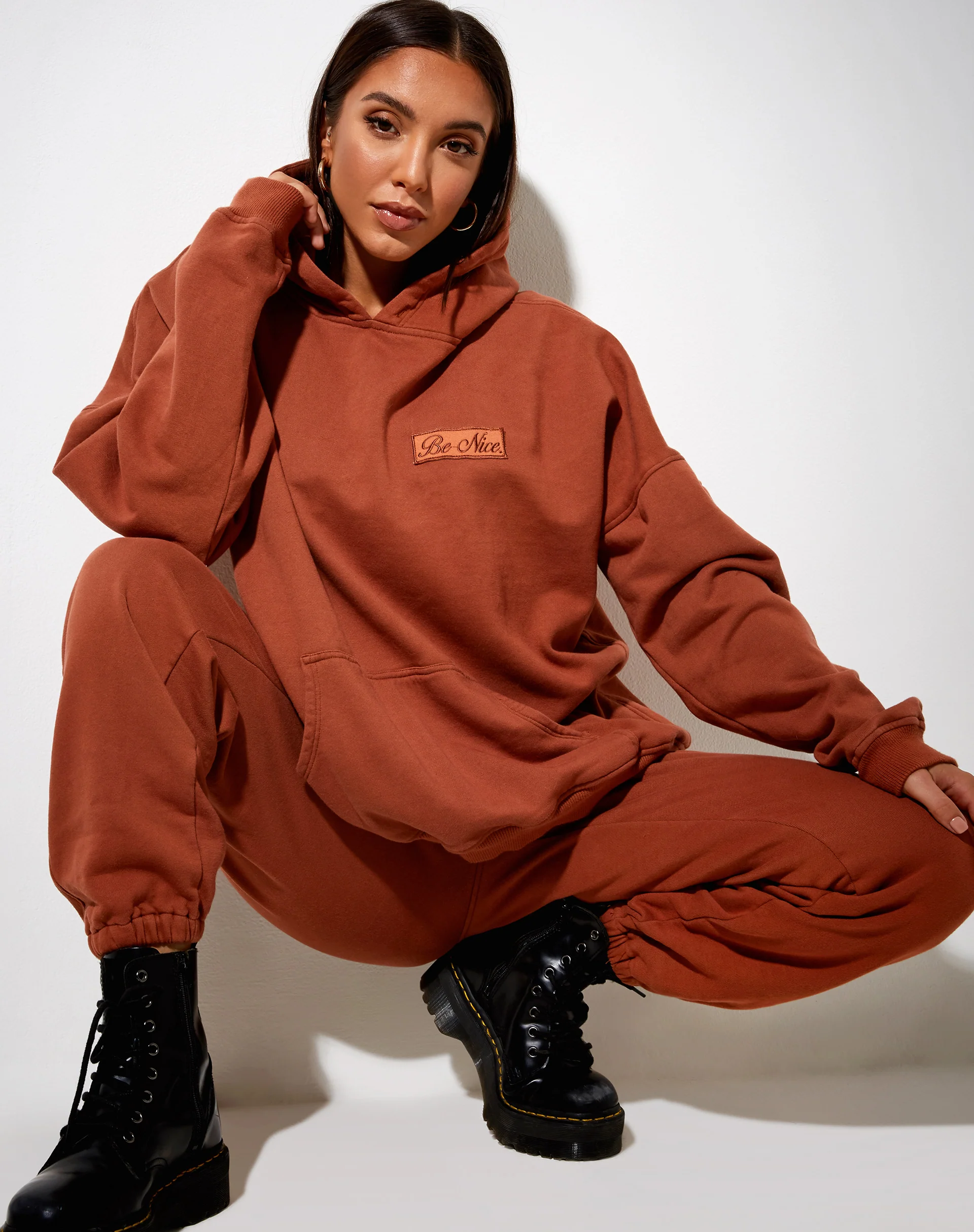 Oversize Hoodie in Burnt Brick 'Be Nice' Label Embro - Image 3
