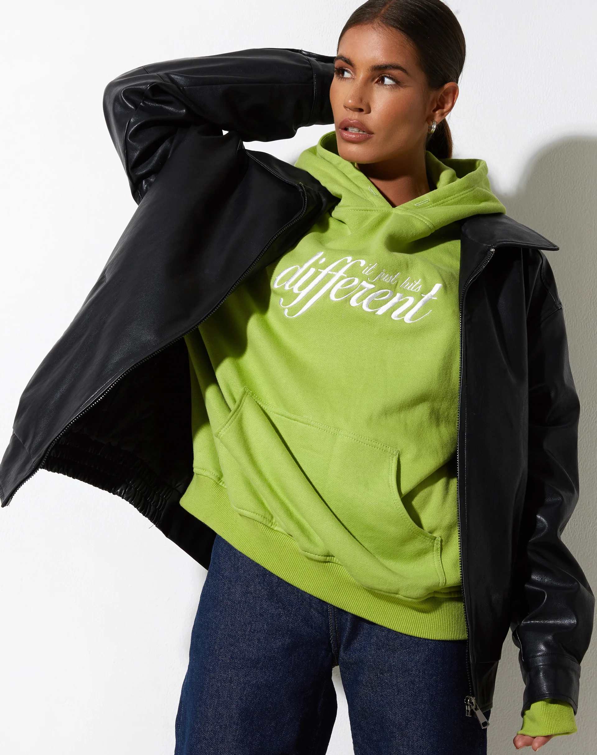 Oversize Hoodie in Leaf Green Different Embro White - Image 2