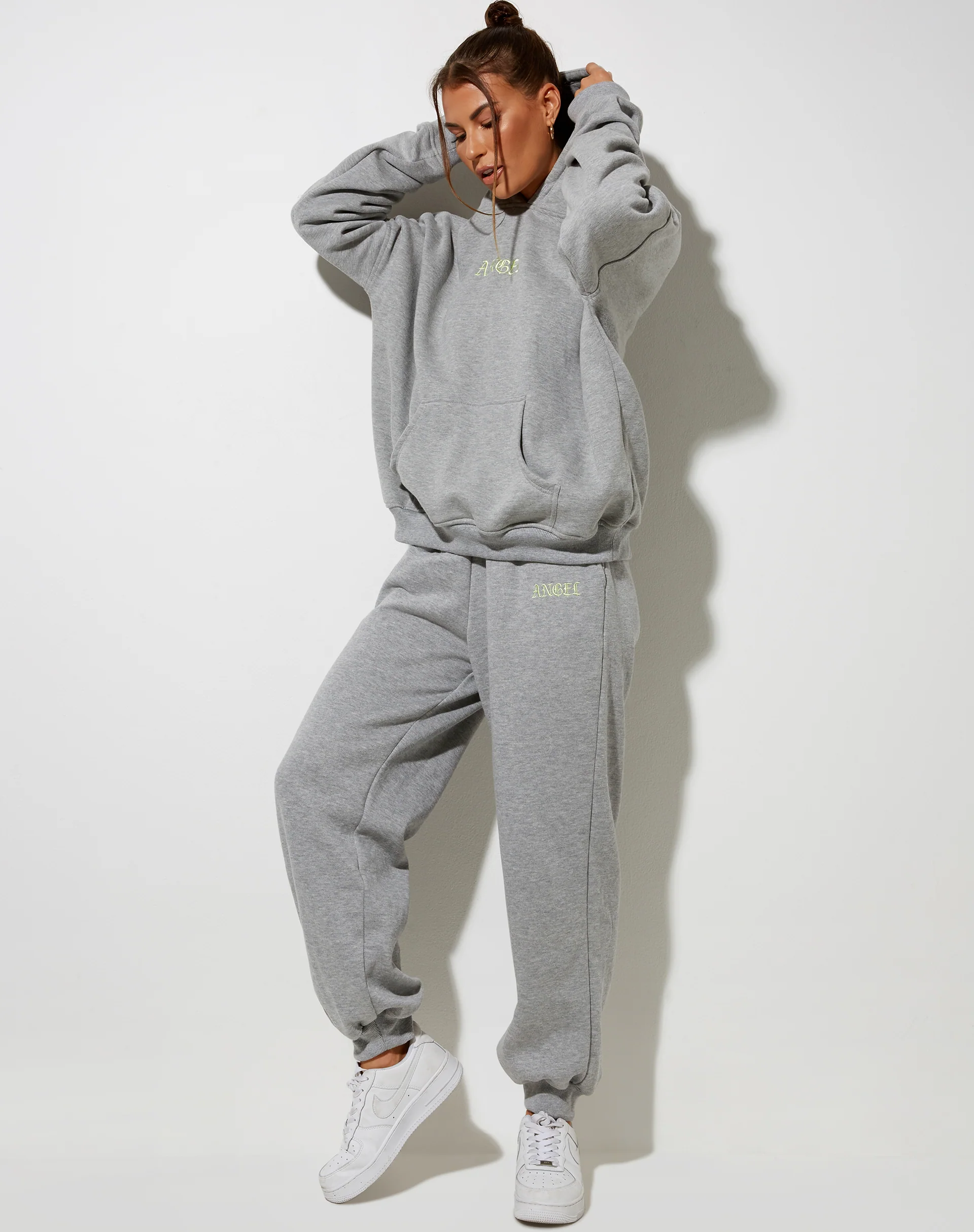Oversize Hoody in Greymarl with 'Angel' Embro in Lemon - Image 2