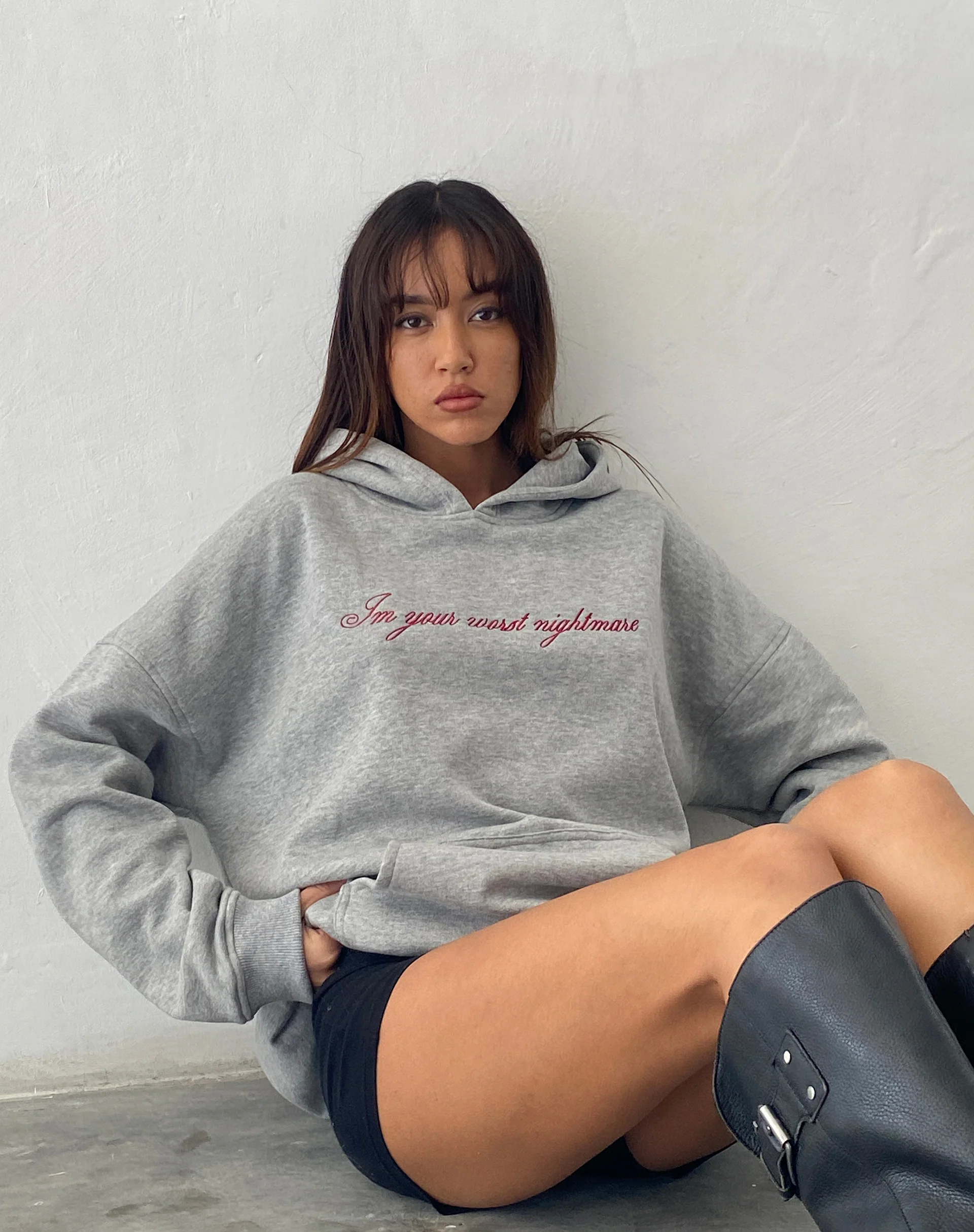 Oversized Hoodie in Grey Marl with Worst Nightmare Embroidery - Image 4