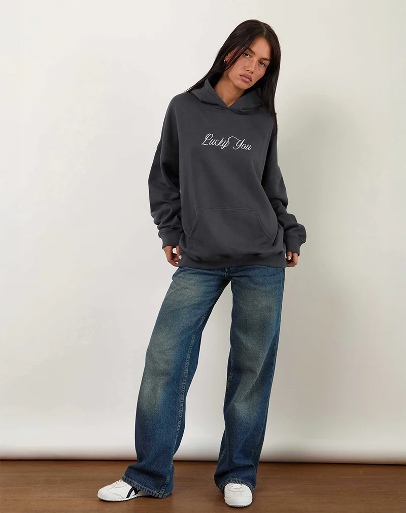 Oversized Hoodie in Ocean Storm with Lucky You Graphic - Image 4