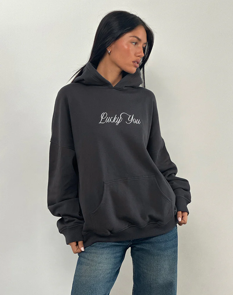 Oversized Hoodie in Ocean Storm with Lucky You Graphic - Image 5
