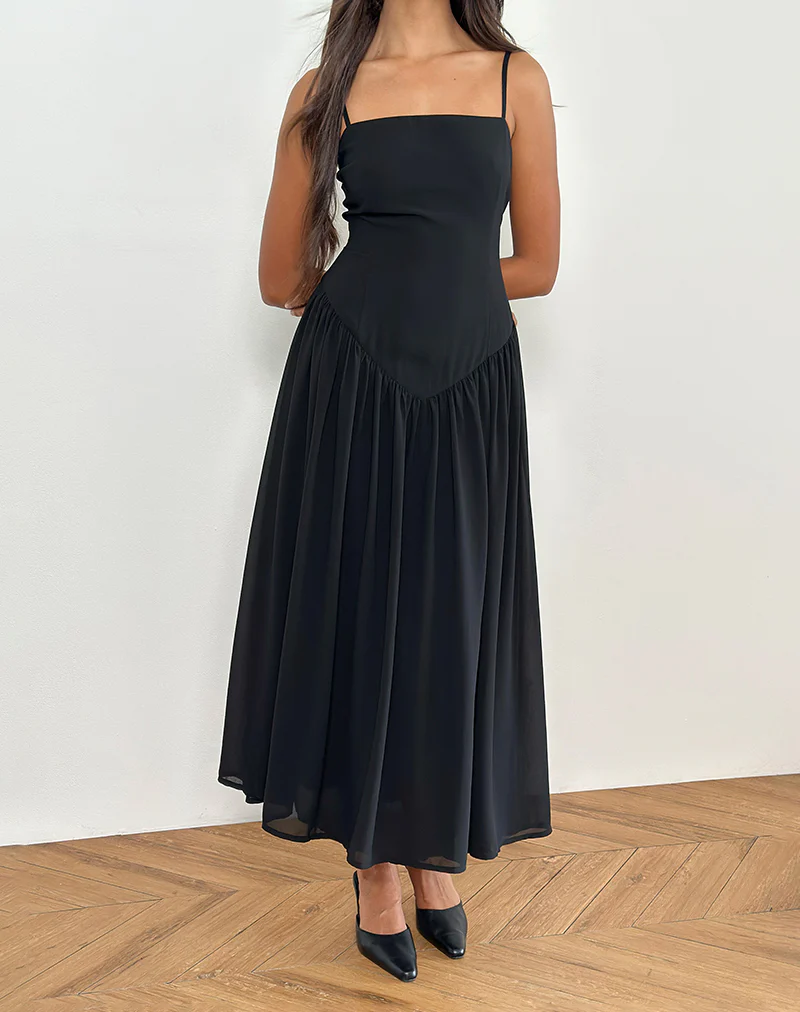 Paduri Drop Waist Midi Dress in Chiffon Black - Image 3