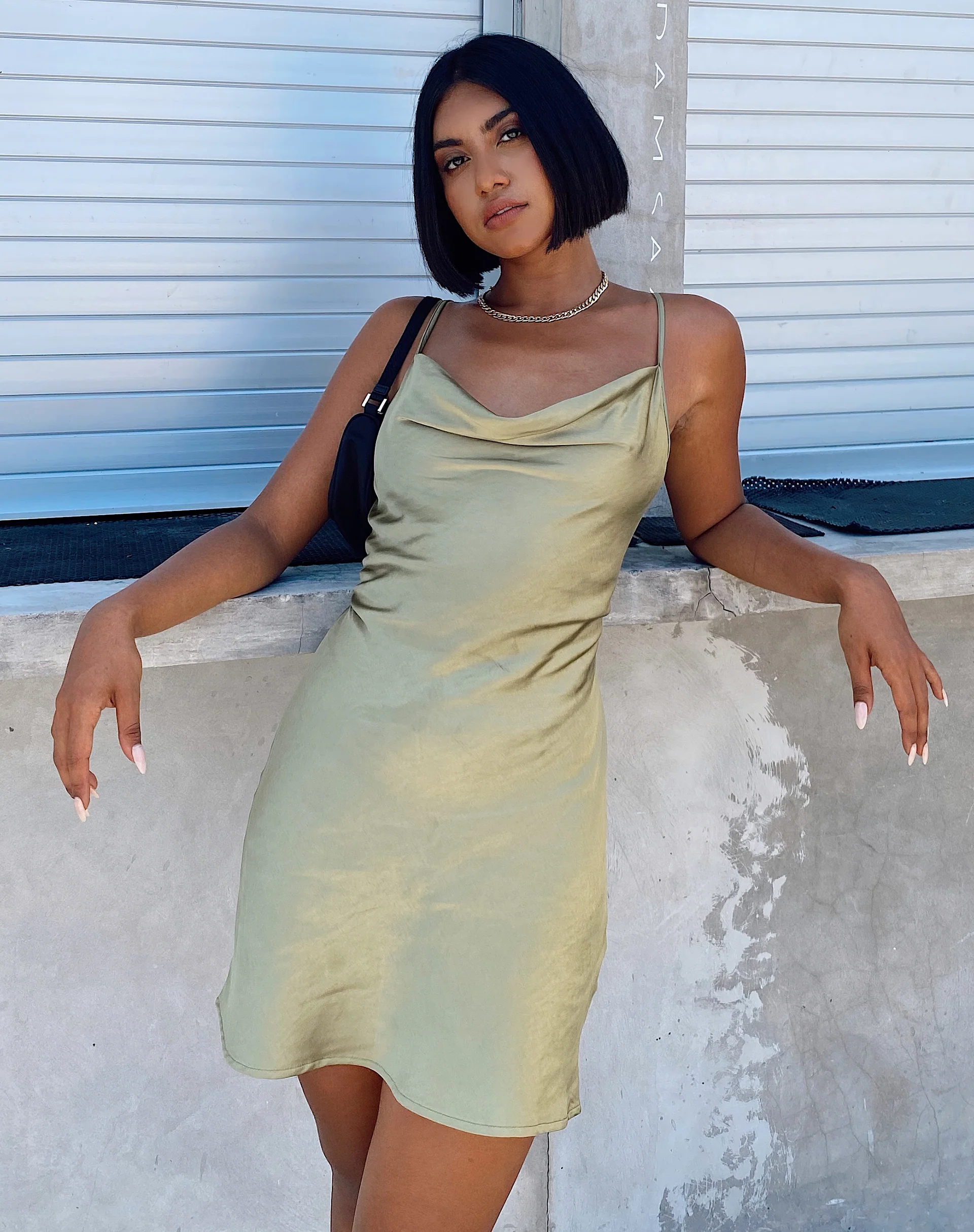 Paiva Slip Dress in Satin Olive - Image 6
