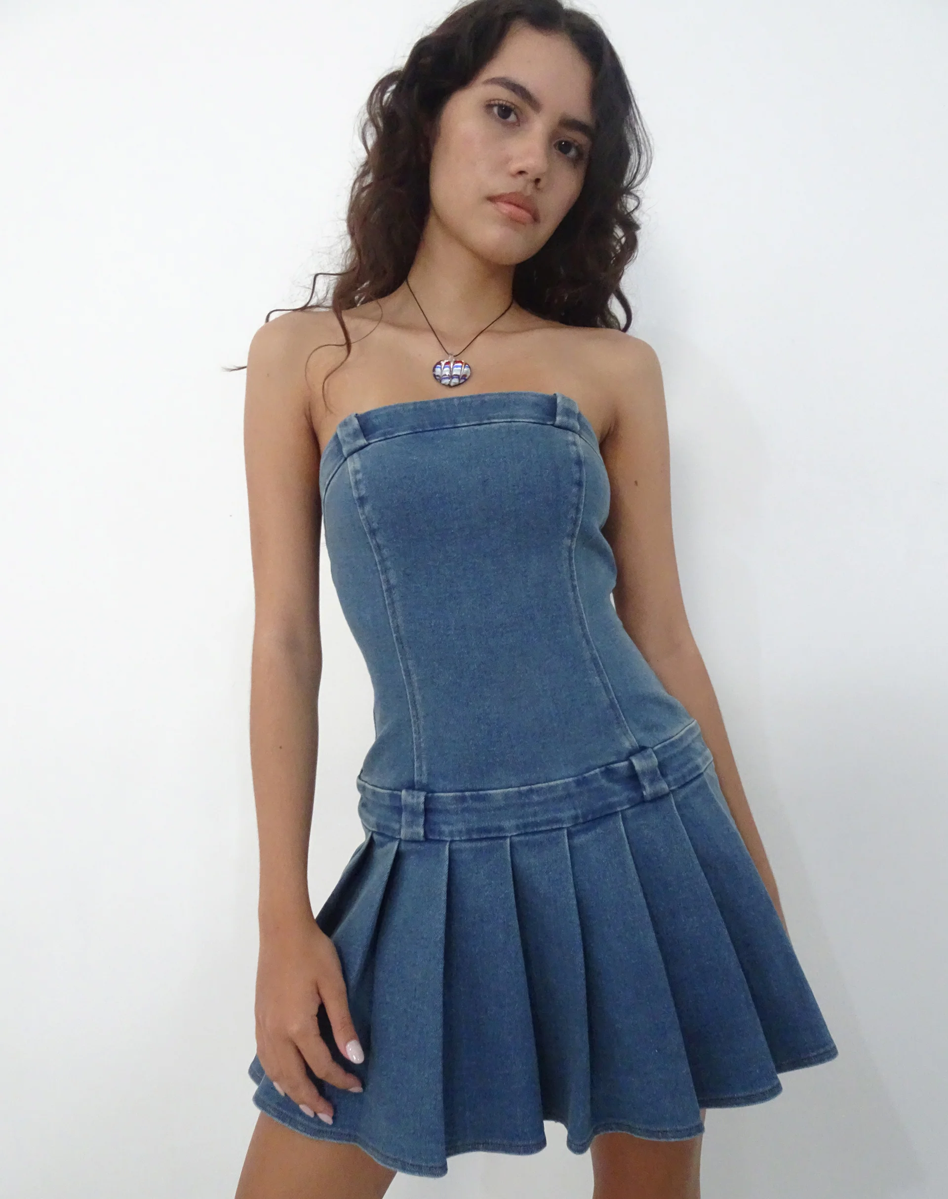 Pajaya Denim Bandeau Mini Dress in Blue Wash - Image 2