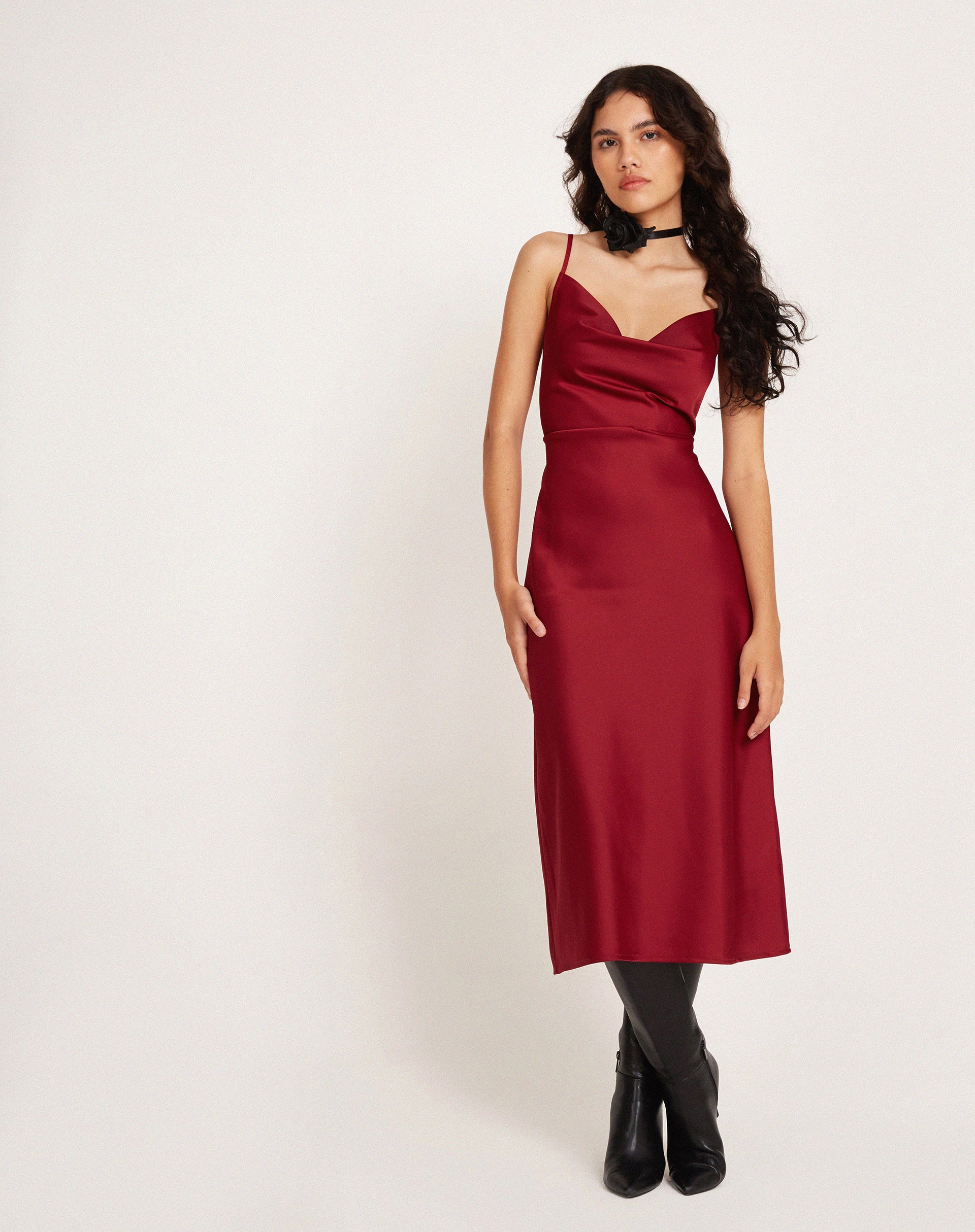 Palasha Midi Dress in Satin Red - Image 2