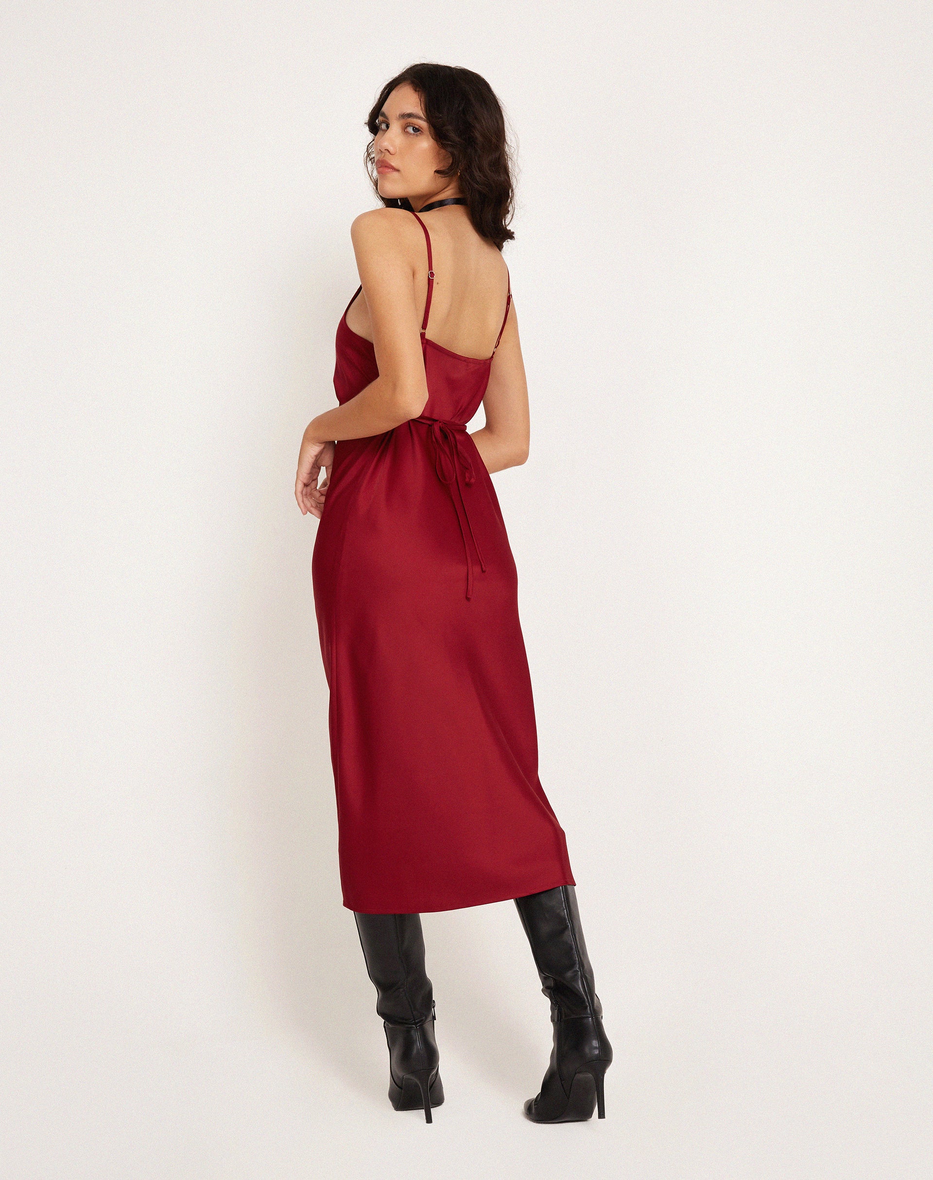 Palasha Midi Dress in Satin Red - Image 3
