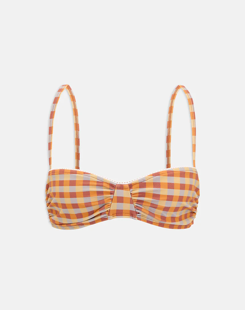 Pali Bikini Top with Picot Trim in Urban Check Orange and Yellow - Image 5