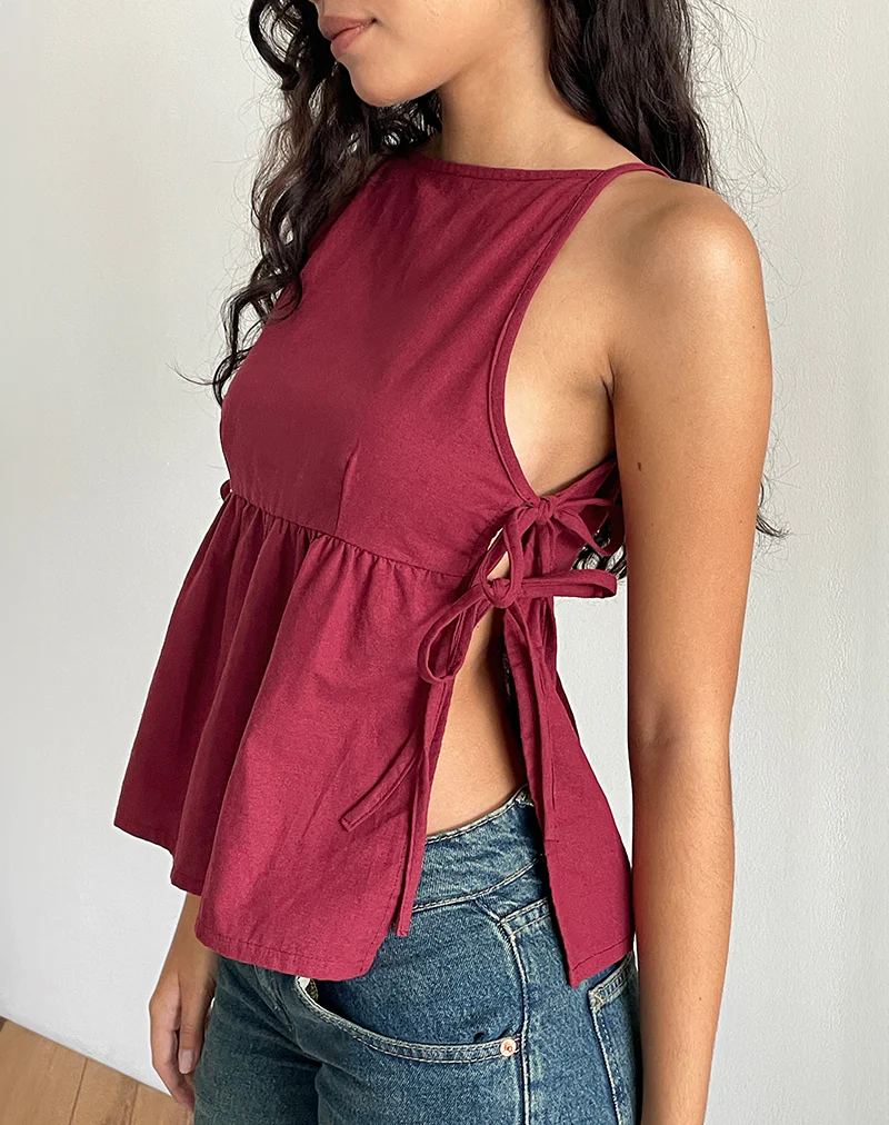Palsi Tie Side Top in Burgundy - Image 2