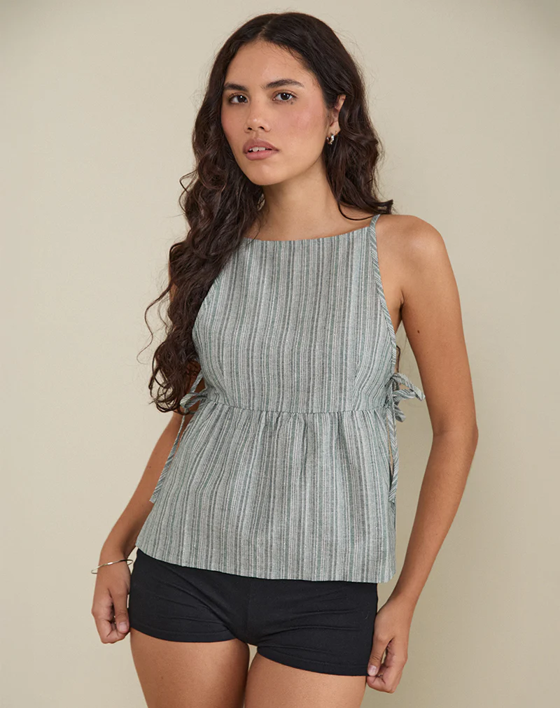 Palsi Tie Side Sleeveless Top in Green and White - Image 5
