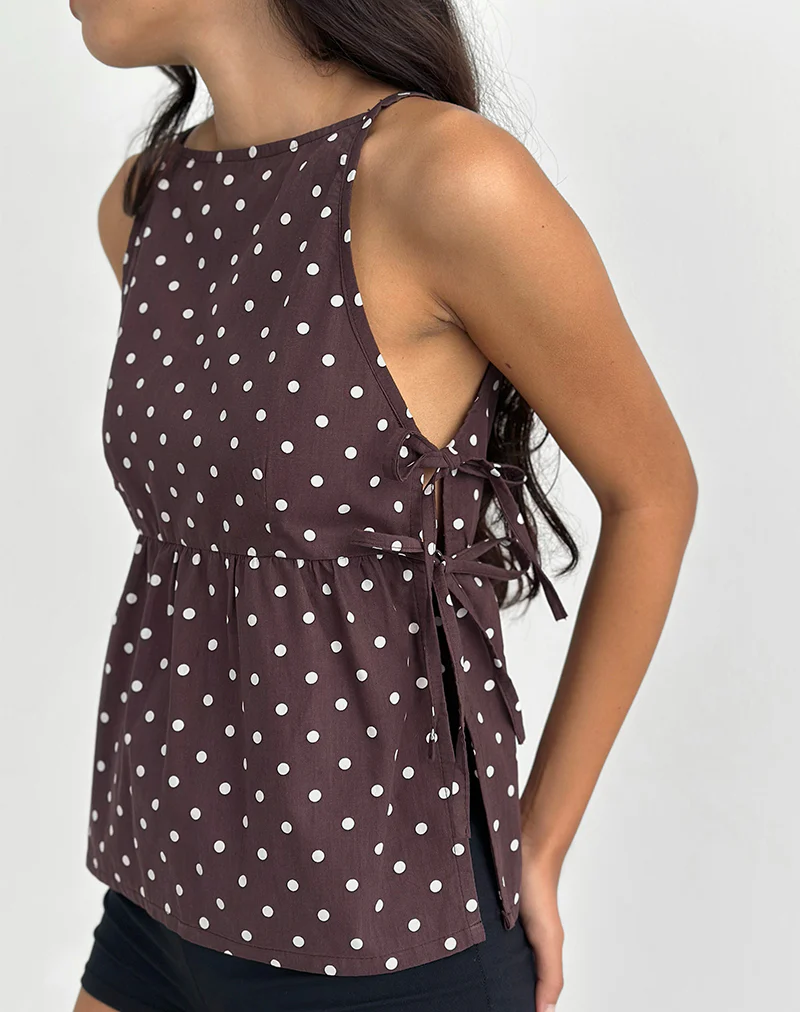 Palsi Tie Side Top in Brown with Medium Polka White - Image 2