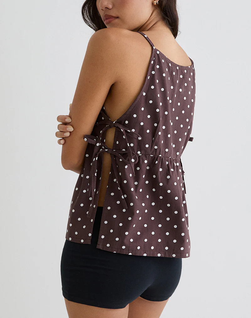 Palsi Tie Side Top in Brown with Medium Polka White - Image 5