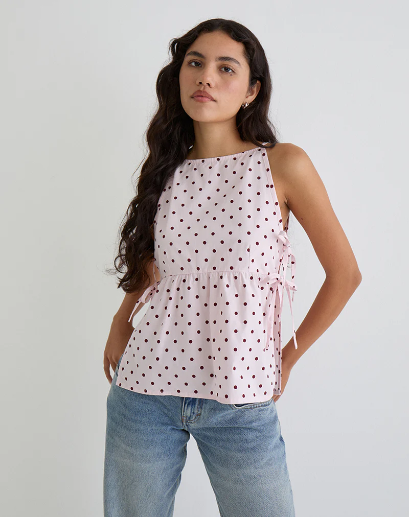 Palsi Tie Side Top in Pink with Medium Polka Red - Image 2