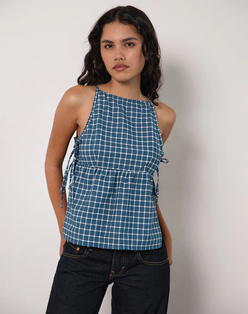 Palsi Tie Side Top in Navy Tartan - Image 4