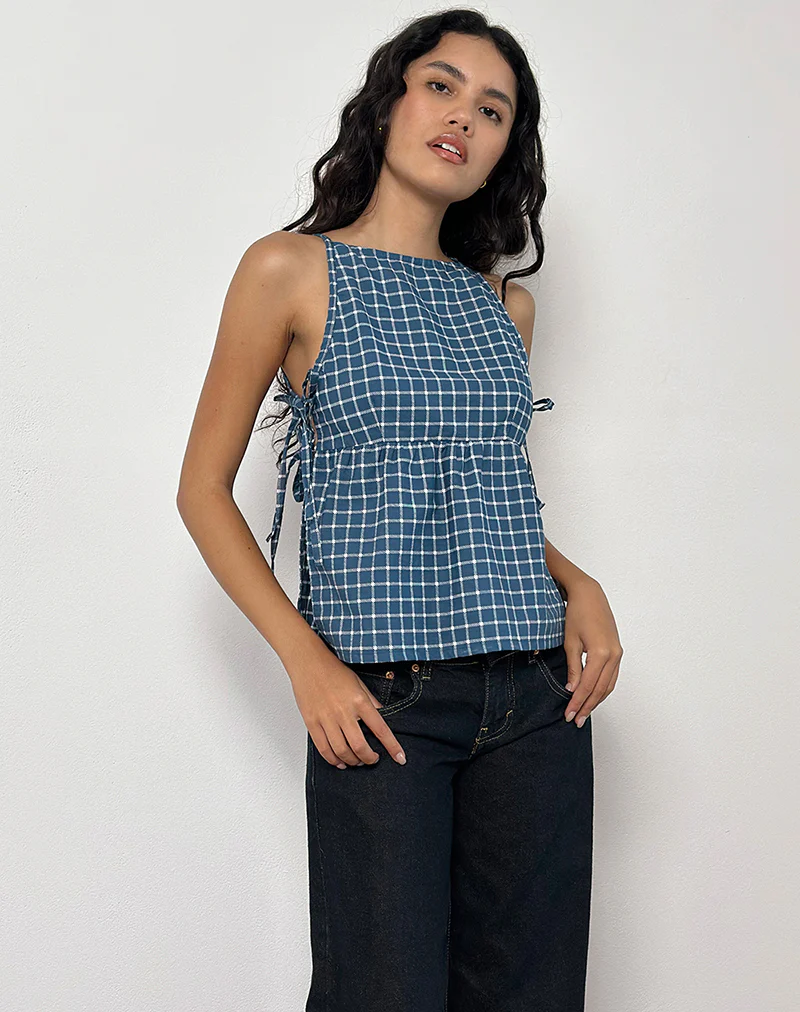 Palsi Tie Side Top in Navy Tartan - Image 5
