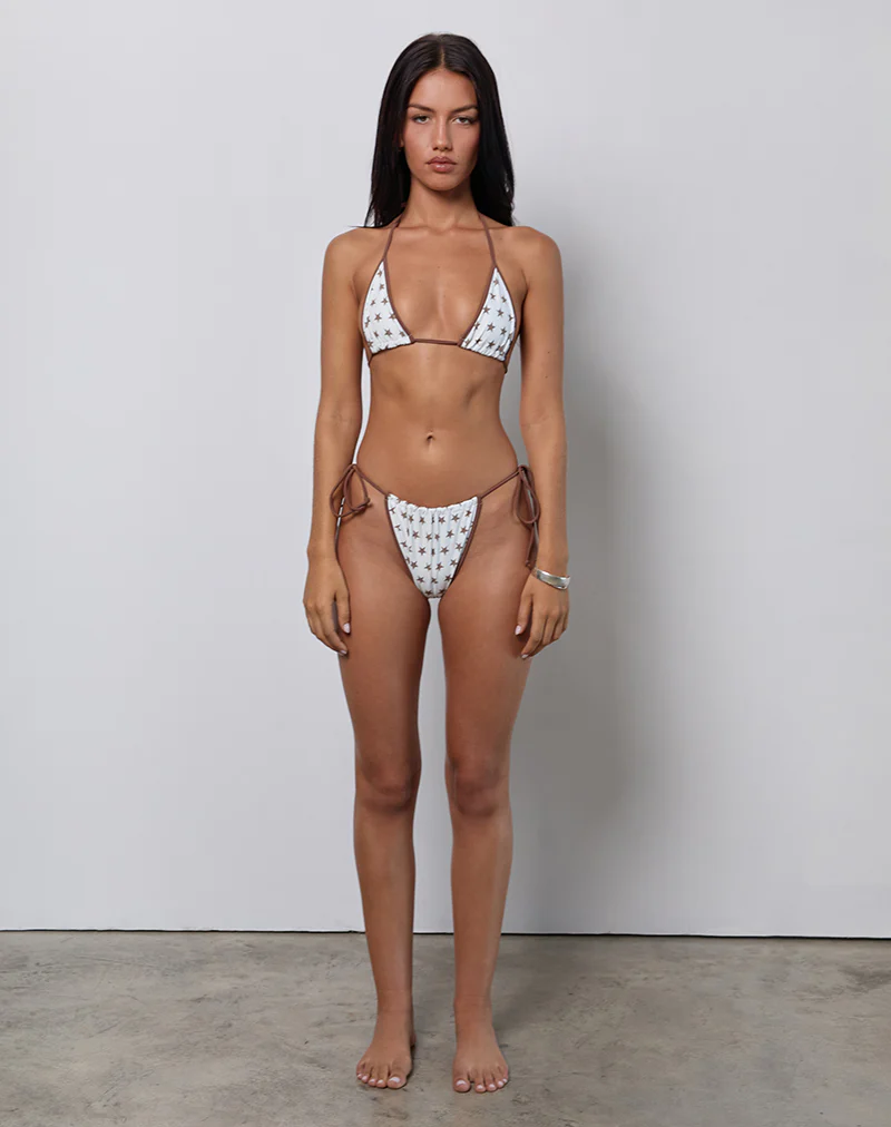 Pami Bikini Top in White and Brown Star Print with Contrast Binding - Image 4