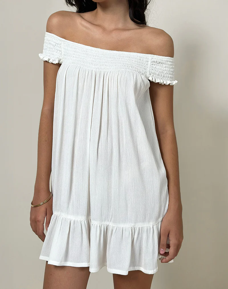 Panasi Bardot Babydoll Mini Dress in Off White - Image 2