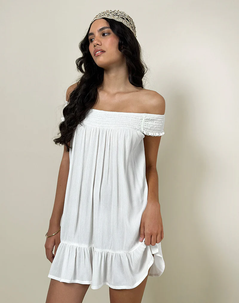 Panasi Bardot Babydoll Mini Dress in Off White - Image 5
