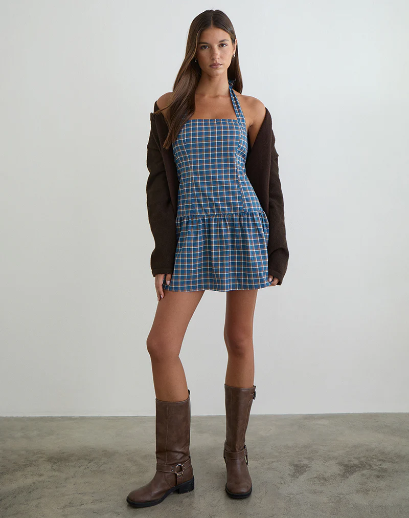 Panja Mini Halter Neck Dress in Medium Tartan Blue - Image 2