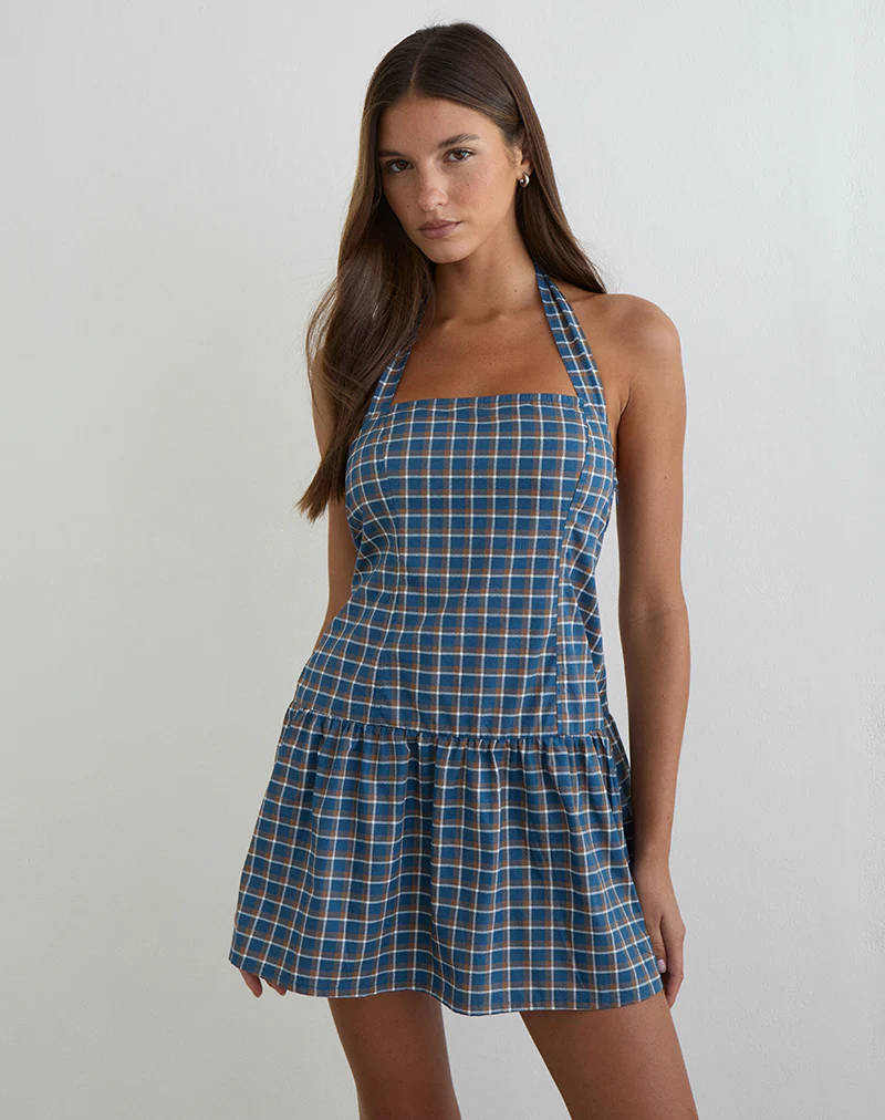 Panja Mini Halter Neck Dress in Medium Tartan Blue - Image 4