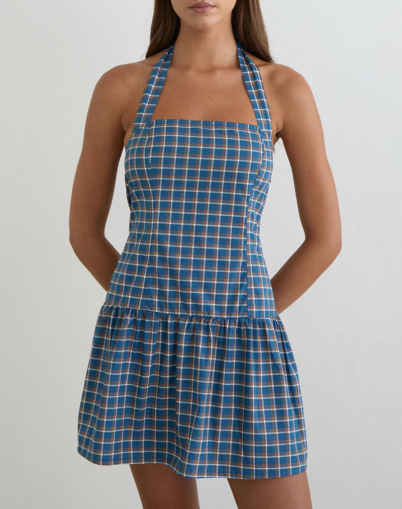 Panja Mini Halter Neck Dress in Medium Tartan Blue - Image 5