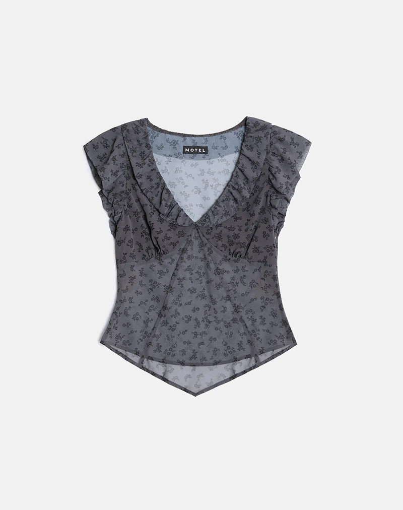Paquita Top in Chiffon Minimal Flower Dark Grey - Image 2
