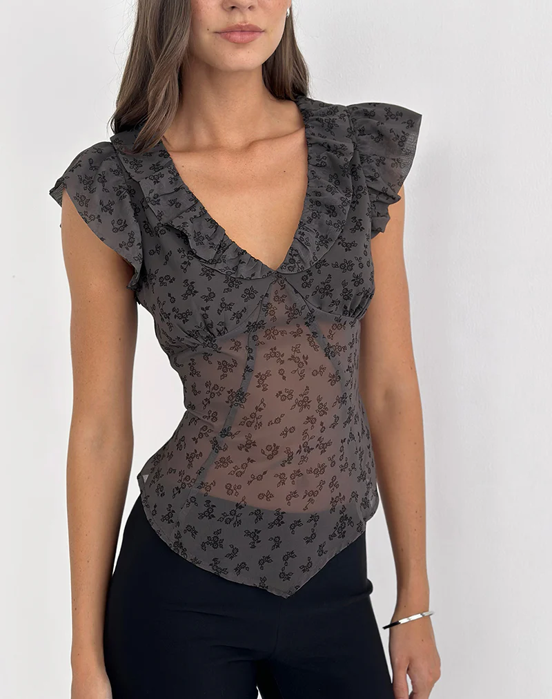 Paquita Top in Chiffon Minimal Flower Dark Grey - Image 4