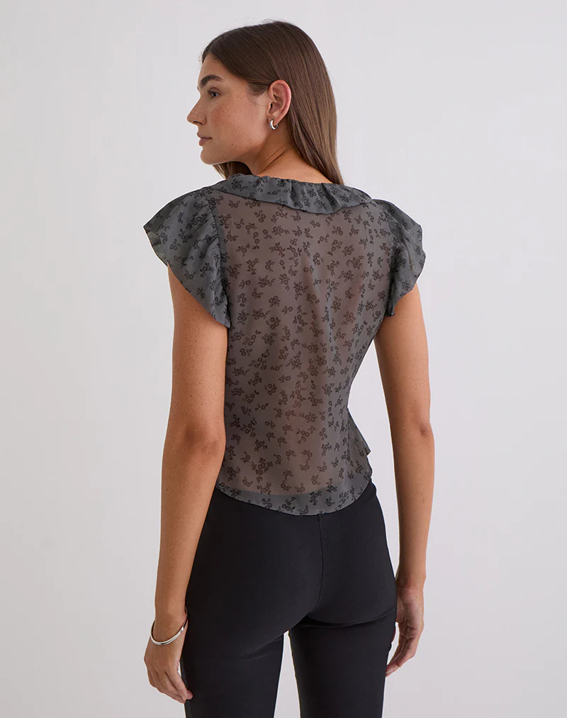 Paquita Top in Chiffon Minimal Flower Dark Grey - Image 5