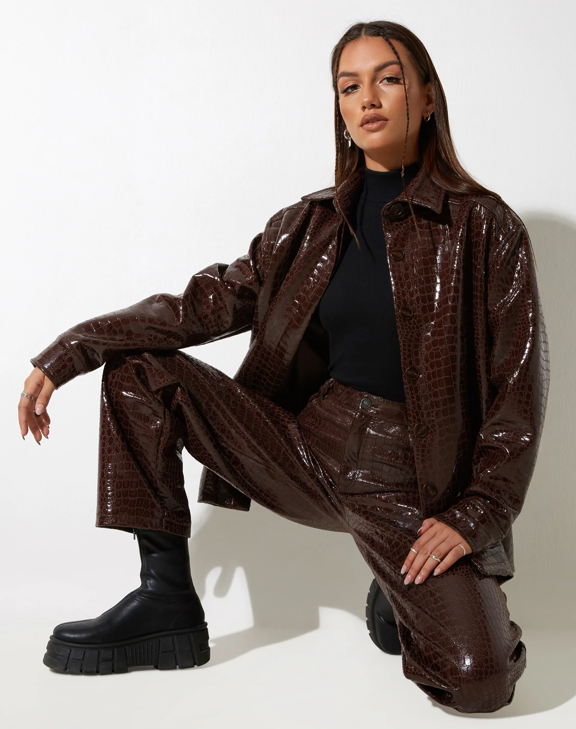 Parallel Trouser in Croc PU Dark Brown - Image 3