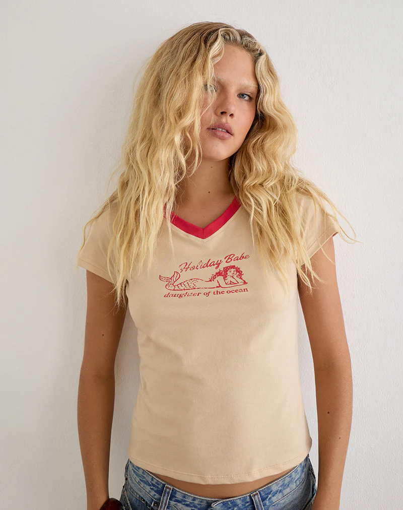 Parman Top in Tan with Red Binding and Mermaid Graphic - Image 2