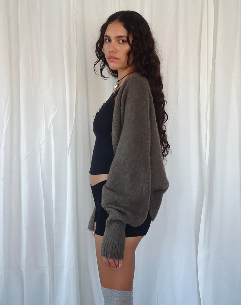 Pasha Brushed Knit Shrug Cardigan in Brown - Image 2