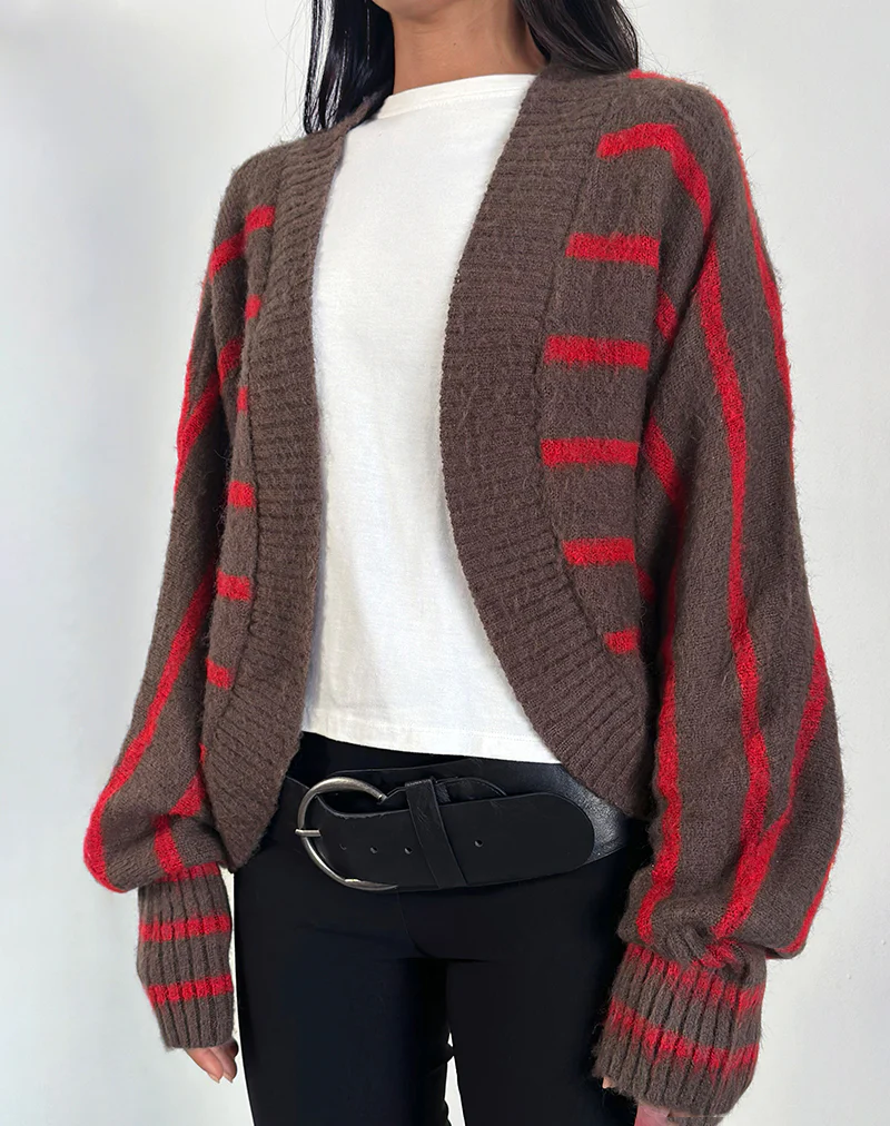 Pasha Shrug Cardigan in Red and Brown Stripe - Image 4