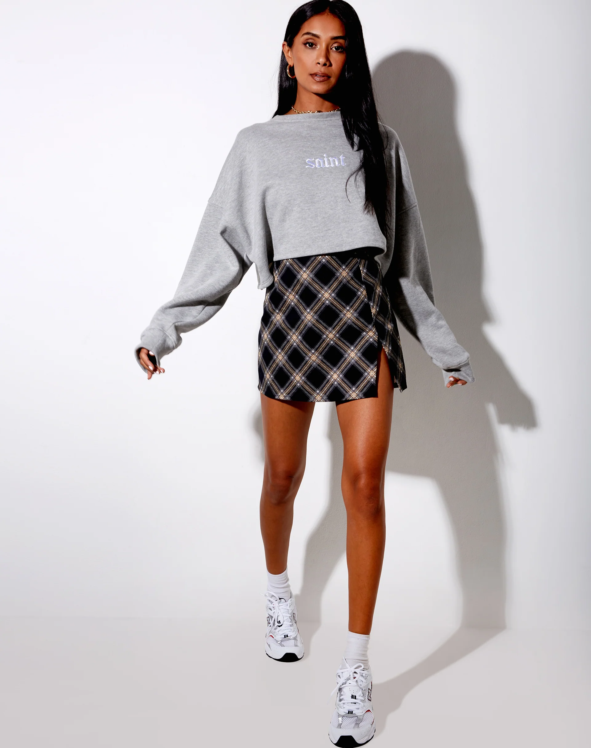 Pelmet Mini Skirt in 20's Check Black and Grey - Image 3